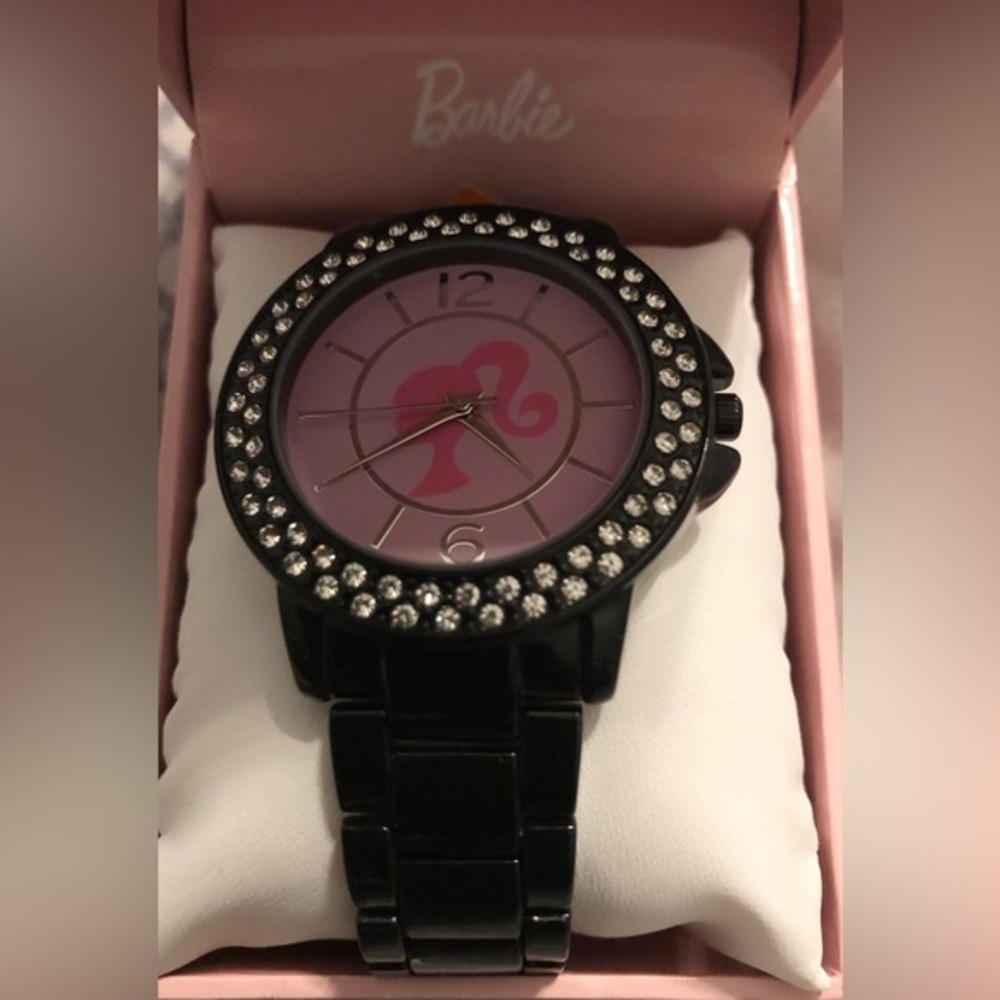 Barbie rhinestone crystal trim black lacquered‎ chain link strap pink face watch